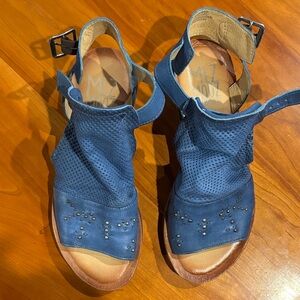 Miz Mooz Navy Perforated Leather Ankle-Strap Sandals with Stud Accents